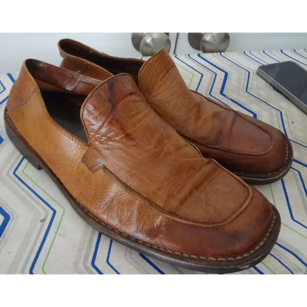 Vintage J Crew Brown Leather Dress Shoes Loafer Square Toe Worn Mens 10.5 ITALY